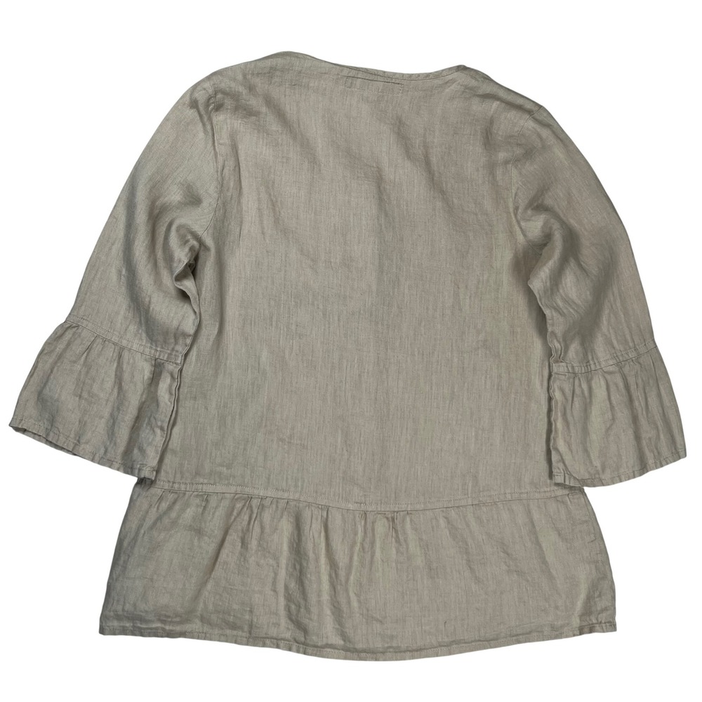 FLAX Button Up Top Women's Small Beige Linen Peplum Ruffle 3/4‎ Sleeve Lagenlook - Picture 2 of 7